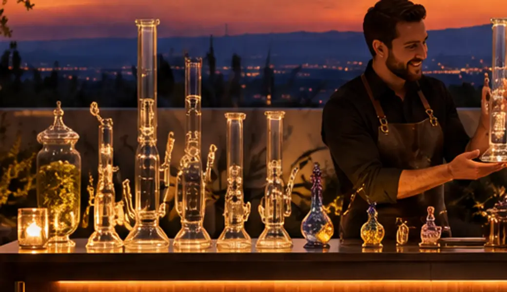 A lineup of glass pieces and a jar of flower on the bar